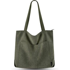 Women Dark Green Corduroy Shoulder Tote Shopping Bag with Zipper and Pockets